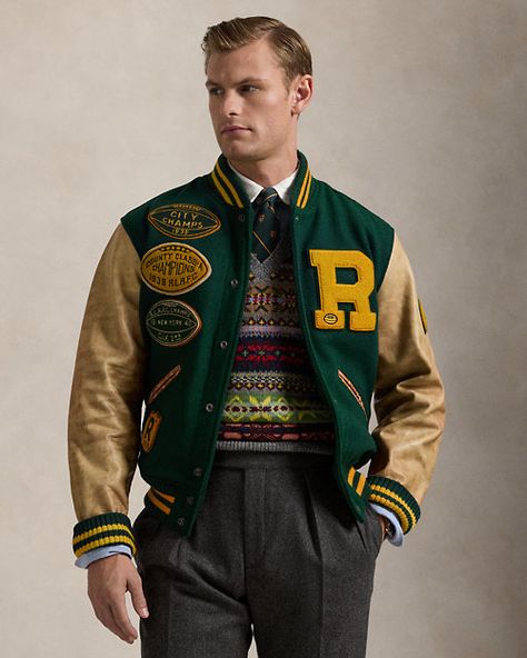 Dinner Outfits Winter, Ralph Lauren Green, Letterman Jacket, Lauren Green, Ralph Lauren Purple Label, Leather Sleeve, Work Clothes, Formal Shirts, Casual Sweatshirt