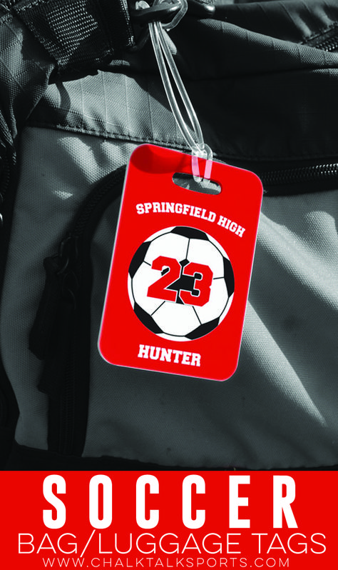 Soccer luggage and bag tags are the perfect way to keep track of your bag when traveling! A great gift for the whole team! Soccer Swag Bag Ideas, Soccer Gift Bags Ideas, Soccer Tournament Goodie Bags, Soccer Bag Tags, Soccer Team Mom, Soccer Bag Tag, Soccer Senior Night, Soccer Ideas, Sports Bag Tags