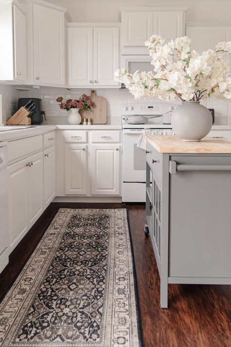 Alessia dark wood rug from Ruggable. Runner is between sink and gray kitchen cart. White Kitchen Decoration, Kitchen Decoration Ideas, Spring Kitchen Decor, Builder Grade Kitchen, Organic Modern Living Room, Black Runner Rug, Kitchen Rug Runner, Spring Kitchen, Gray And White Kitchen