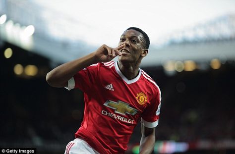 Anthony Martial celebrates after scoring for Manchester United on his debut at Old Traffor... Cristiano Ronaldo Manchester, Franz Beckenbauer, Van Gaal, Anthony Martial, Manchester United Fans, Manchester United Soccer, Manchester United Football Club, Premier League Champions, Wayne Rooney