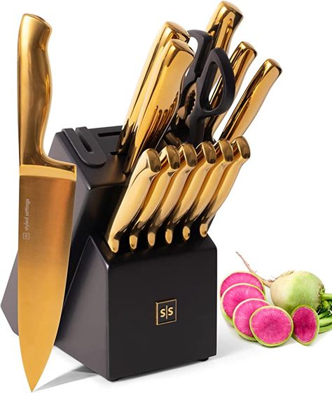 Looking for a way to modernize your kitchen? This elagant knife set is the perfect way!

Description: Black and Gold Knife Set with Block - 14 Piece Gold Knife Set with Sharpener Includes Full Tang Gold Knives and Self Sharpening Knife Block Set - Black and Gold Kitchen Accessories, Gold Kitchen Decor White Kitchen Knife Set, Gold Knife Set, Gold Kitchen Utensils, Black And Gold Kitchen, Gold Utensils, Gold Knife, Gold Kitchen Accessories, Black Kitchen Decor, Off White Kitchens