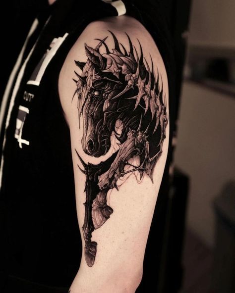 Gothic Horse Tattoo, Skeleton Horse Tattoo, Kelpie Tattoo, Horse Skull Tattoo, Dark Horse Tattoo, Tattoo House, Skeleton Horse, Doberman Tattoo, Tattoo Design Tattoo