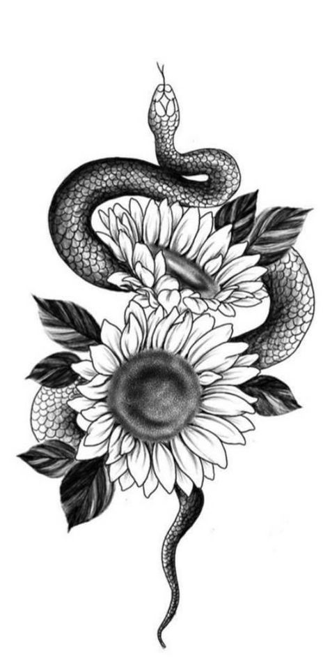 Snake And Bee Tattoo, Snake And Sunflower Tattoo Design, Sunflower With Snake Tattoo, Crow And Sunflower Tattoo, Medusa Sunflower Tattoo, Sunflower Snake Tattoo, Snake And Sunflower Tattoo, Gothic Sunflower Tattoo, Sunflower And Skull Tattoo