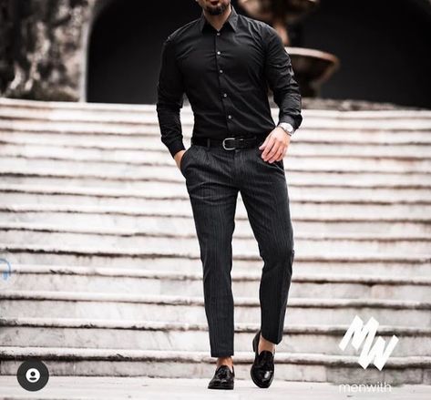 Button Up Shirt Outfit Mens Formal, Black Button Up Shirt Outfit Men Formal, All Black Hoco Outfit Men, Np Outfits, Black Formal Attire, Black Dress Pants Outfits, Blue Shirt Black Pants, Black Slacks Men, Hoco Outfits