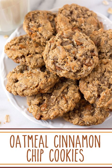 Oatmeal Cinnamon Chip #Cookies – soft and chewy #oatmealcookies kicked up a notch with the scrumptious addition of cinnamon baking chips; your favorite oatmeal cookie just got cinnamon-y better! #oatmealcinnamonchipcookies #cinnamonbakingchips via @SarahsBakeStudio Cookies Using Cinnamon Chips, Oatmeal Raisin Cinnamon Chip Cookies, Oatmeal Cookies With Cinnamon Chips, Cinnamon Chip Oatmeal Cookies, Cinnamon Oatmeal Chocolate Chip Cookies, Cinnamon Chip Desserts, Cinnamon Chip Cookies Recipes, Oatmeal Cinnamon Chip Cookies, Cinnamon Chips Recipes Baking