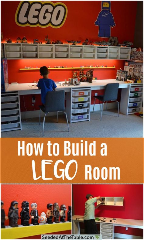 Our LEGO room is our favorite room in our house right now.  It has perfect LEGO storage and awesome LEGO decals.  Read for how to build a LEGO room! Big Boy Lego Room, Lego Creation Storage Ideas, Cool Lego Room Ideas, Lego Storage Furniture, Lego Storage Pegboard, Basement Lego Area, Attic Lego Room, Clever Lego Storage Ideas, Lego Area Ideas