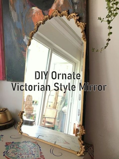 Diy Gilded Frame, Diy Victorian Picture Frame, Ornate Mirror Diy, Victorian Homes Aesthetic Interior, Diy Vintage Mirror Frame Ideas, Diy Mirror Shelf, Diy Gothic Mirror Frame, Diy Goth Mirror Frame, Diy Victorian Mirror