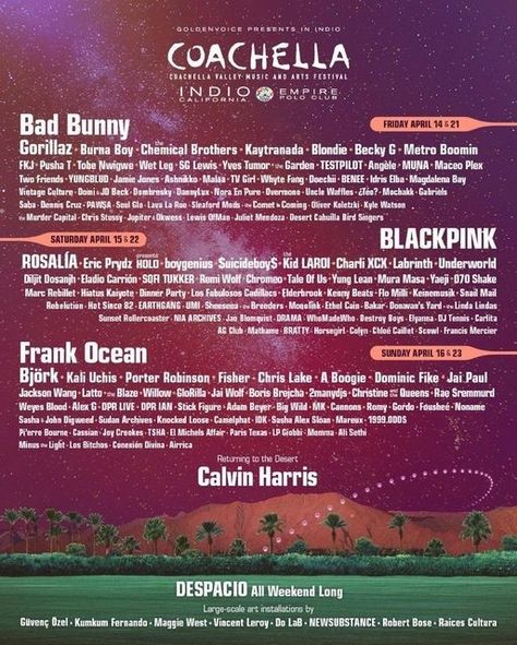 Coachella 2023 line up poster Coachella Lineup, Sleaford Mods, Coachella 2023, Dpr Live, Blackpink Coachella, Metro Boomin, Coachella Music Festival, Coachella Music, Coachella Valley Music And Arts Festival