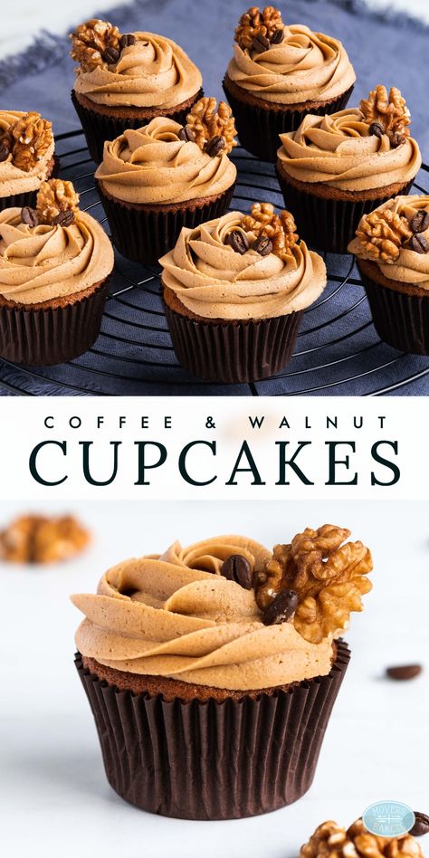 Coffee and walnut cupcake with a scattering of coffee beans and walnuts around it. Coffee Cupcakes Decoration, Coffee Cupcake Recipes, Cardamom Cupcakes, Coffee And Walnut Cupcakes, Coffee Cup Cake, Light Cupcakes, Walnut Cupcakes, Gourmet Cupcake Recipes, Fluffy Coffee