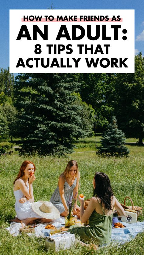 Pin image for the topic of making adult friends. The image shows three girls having a picnic in a pretty field. Then towards the bottom in a white rectangular box is a title that reads, "How to Make Friends as an Adult: 8 Tips That Actually Work." Rebuild Trust In A Relationship, Friend Soulmate, Ways To Make Friends, Plus Size Queen, Stay At Home Mom Quotes, Trust In A Relationship, Friendship Activities, Rebuilding Trust, Happiness Challenge