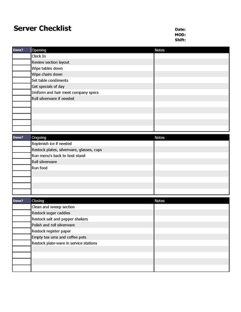 Restaurant server checklist form. Daily Checklist Template, College Application Checklist, Server Station, Restaurant Server, Template Restaurant, Morning Checklist, Server Life, Restaurant Cleaning, Cleaning Checklist Template