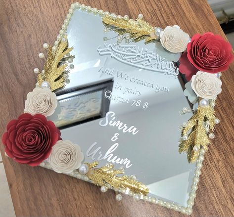 Free shipping US and Canada! Nikah Mirror Decoration, Afghan Shirni, Nikkah Mirror, Mirror Ring, Cultural Wedding, Bridal Gift Wrapping Ideas, Ring Tray, Mirror Ideas, Wedding Crafts Diy