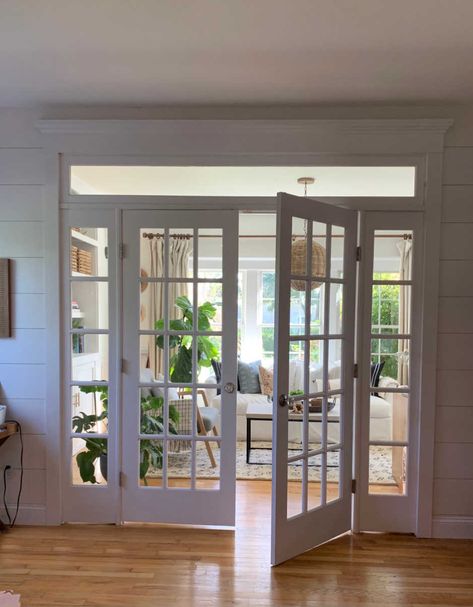 Where To Add A Home Office, French Doors Black, Stained Stairs, French Doors Office, French Doors With Sidelights, French Doors With Transom, Office French Doors, French Doors Living Room, Office With French Doors