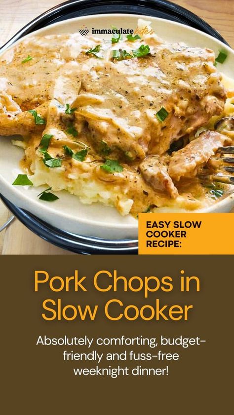 Slow Cooker Pork Chops - Juicy, tender chops in creamy mushroom gravy. Comforting, budget-friendly, fuss-free weeknight dinner! 🍽️ Pork Crock Pot Recipes, Crock Pot Smothered Pork Chops, Creamy Pork Chops, Pork Crock Pot, Pork Crock, Smothered Pork Chops Recipe, Pork Crockpot Recipes, Pork Chop Recipes Crockpot, Smothered Pork