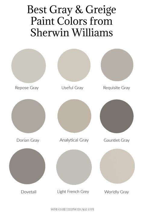 Best Gray and Greige Paint Colors from Sherwin Williams - So Much Better With Age Gray Brown Color Palette, Diy Sunroom, Sherwin Williams Greige, Brown Grey Paint, Best Greige Paint Color, Navy Blue Paint Colors, Worldly Gray, Brown Paint Colors, Black Paint Color