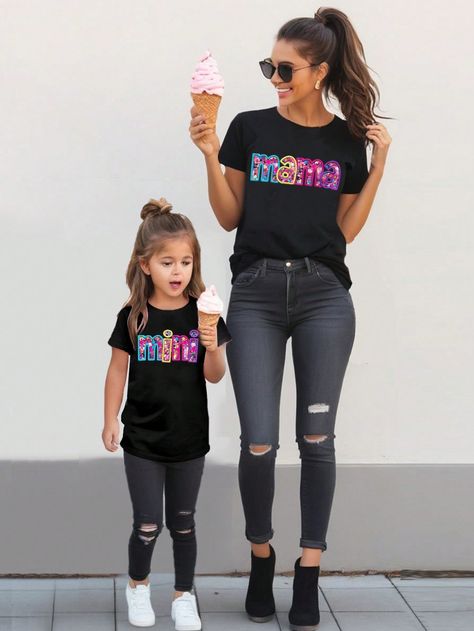 Young Girl Casual Fashionable Colorful Letter Slogan Printed Short Sleeve T-Shirt, Mommy And Me Matching Outfits, Mom And Daughter Matching(2 Pieces Sold Separately) Black Casual  Short Sleeve Knitted Fabric Geometric,Letter,Plain,Plants  Slight Stretch Summer Young Girls Clothing, size features are:Bust: ,Length: ,Sleeve Length: Young Mom Outfits Summer, Mom And Daughter Matching Outfits, Young Mom Outfits, Matching Mommy Daughter Outfits, Mommy Daughter Outfits, Mom And Daughter Matching, Summer Outfits For Moms, Christmas Matching, Casual Shirt Women