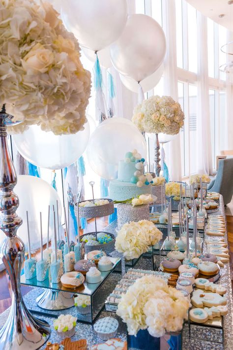 Side-view of a dessert table from an Elegant Brit Milah Baby Naming Ceremony on Kara's Party Ideas | KarasPartyIdeas.com (10) Brit Milah Ideas, Bris Decorations, Bris Decor, Brit Milah Decorations, Baby Naming Ceremony, Naming Ceremony Decoration, Brit Milah, Baby Decorations, Baby Naming