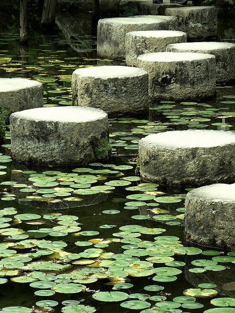 Stepping-stones, Heian Jingu, Kyoto, photo by Soemmia.  I love this Japanese pond garden! So peaceful.  I can't wait to go back! Stepping Stone Pathway, Stone Paths, Stepping Stone Paths, Black Cauldron, Pocket Garden, Stone Pillars, Garden Stepping Stones, Asian Garden, Stone Pathway