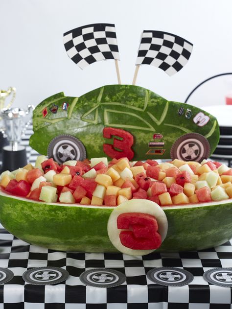 Nascar Race Car Car Theme Fruit Tray, Nascar Party Food, Nascar Birthday, Watermelon Ideas, Watermelon Car, Watermelon Basket, Transportation Party, Fruit Trays, Car Food