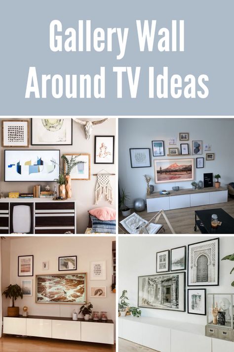 37 Easy Frame TV Gallery Wall Inspirations - PinkPopDesign Gallery Wall Vaulted Ceiling, The Frame Tv Gallery Wall, Living Room Tv Stand Decor, Samsung Frame Tv Gallery Wall, Tv Gallery Wall Ideas, Frame Tv Ideas, Picture Wall Layout, Gallery Wall Sizes, Tv Wall Mounted