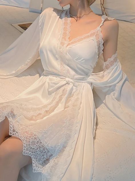 Luxury Night Dress, Silk Night Gowns For Women, Nightgowns For Women Honeymoon, Nightgowns Aesthetic, White Night Gown Aesthetic, Silk Sleepwear Aesthetic, Korean Night Dress, Coquette Lace Sleepwear For Evening, White Silk Pajamas Aesthetic