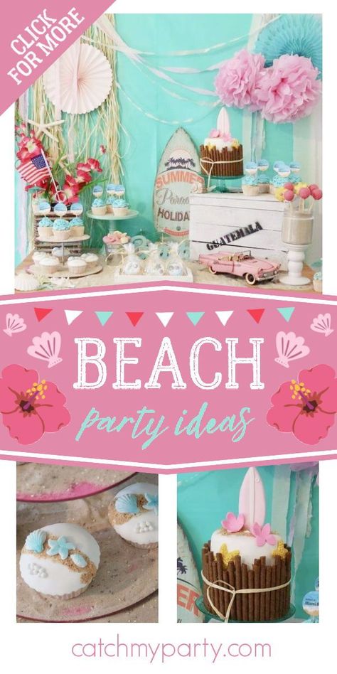 Take a look at this gorgeous Miami Beach-inspired birthday party! Love the birthday cake! See more party ideas and share yours at CatchMyParty.com Beach Inspired Birthday Party, Beachy Birthday Party, Beach Themed Birthday Party, Backyard Beach Party, 13th Birthday Party Ideas For Girls, Beach Bday, Beach Birthday Decorations, Beach Theme Birthday Party, Florida Party