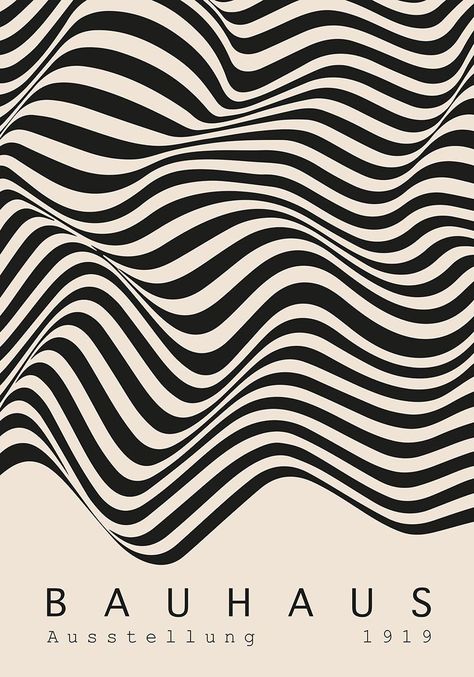 Bauhaus 1919 exhibition poster with black and white wave patterns and bold typography. New Contemporary Art, Black And White Art Poster, Black N White Pattern, Abstract Art Posters, Minimalism Art Movement, Top Poster Design, Abstract Art Graphic Design, Creative Pattern Design, Graphic Design Movement