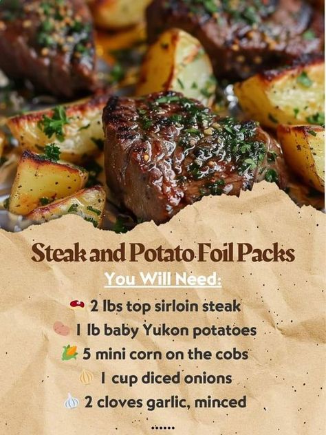 Yummy Recipes | 🥩🥔 Steak and Potato Foil Packs 🥩🥔 | Facebook Steak Foil Packs For Oven, Steak Foil Packets For The Grill, Garlic Steak And Potato Foil Packs, Steak And Shrimp Foil Packets In Oven, Steak And Potatoes Foil Packet, Steak Potatoes Foil Pack In Oven, Steak Foil Packets For The Oven, Steak And Potato Foil Pack, Hobo Foil Dinners