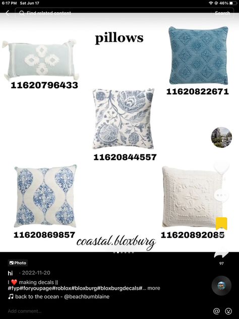 Bloxburg Costal Pillow Decals, Bloxburg Coastal Pillow Decals, Table Decals Bloxburg, Bloxburg Pillows, Pillow Decal Codes, Bloxburg Bed Frame Code, Pillow Codes Bloxburg, Bloxburg House Codes, Pillow Decals Bloxburg