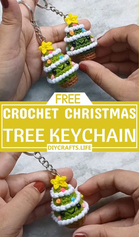 Easy Crochet Christmas Tree Patterns for the Holidays - DIY Crafts Crochet Christmas Key Chains, Crochet Small Keychain Pattern Free, Keychain Amigurumi Pattern, Crochet Keychain Accessories, Crochet Cat Christmas Ornament, Crochet Christmas Tree Keychain, Crochet Key Cozy, Crochet Christmas Keychain Pattern Free, Christmas Keychain Crochet