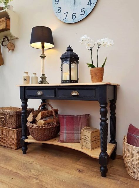 Foyer Table Refinish, Console Table Makeover Before After, Entry Table Refurbished, Refurbished Console Table, Salon Farmhouse, Storm Porch, Entrance Mudroom, Stairs Decor, Black Painted Furniture