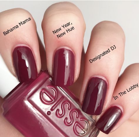 #essie Winter Collection comparison Essie Hot Cocoa, Essie Winter Colors, Essie Clothing Optional, Essie Burgundy Polish, Red Nail Polish Essie, Essie Dark Red Nail Polish, Essie Nail Polish Bordeaux Red Wines, Maroon Nails, Foundation Colors