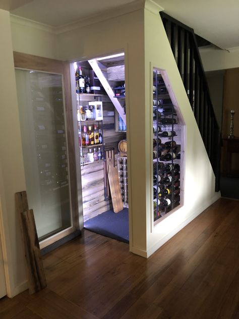 Under The Stair Bar, Wine Store Under Stairs, Under The Stairs Bar, Wine Cellars Under Stairs, Wine Closet Under Staircase, Under Stairs Alcohol Storage, Glass Wine Cellar Under Stairs, Understairs Bar, Under Stairs Wine