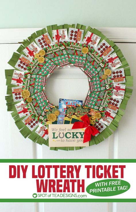 Step by step photo tutorial to make a DIY Lottery Ticket Wreath featuring #NJLottery instant win tickets. #AD #freeprintable | spotofteadesigns.com Lottery Ticket Tree, Reverse Raffle, Lottery Ticket Bouquet, Lottery Ticket Gift, Auction Gift Basket Ideas, Chinese Auction, Fundraiser Baskets, Win Lottery, Raffle Ideas