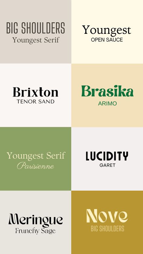 16 fonts on different backgrounds.  Fonts include BIG SHOULDERS, Youngest Serif, Open Sauce, BRixton, Brasika, Lucidity Condensed, Meringue and Nove Web Font Combinations, Web Branding Design, Bold Font Pairings, African Typography, Free Canva Font Pairings, Web Design Color Palette, Canva Font Pairing, Va Branding, Canva Font Combinations