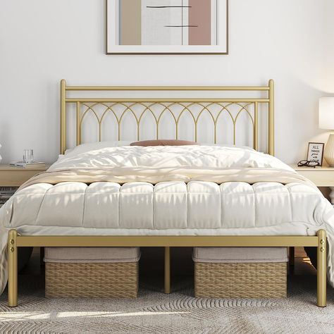 【Ultra-Durable Metal Construction】This queen size bed frame is constructed completely of a powder-coated metal frame that includes side metal rails, extra center rails and 10 support legs, with a maximum weight capacity of 800 lb, offering sufficient firmness and stability. It also has 12 built-in metal slats for mattress support, which eliminates the need for a bulky box spring. Clean, crisp lines with adorable petal accents and delicately tapered posts, exuding antique-inspired charm. Modern Metal Bed, Gold Bed Frame, Bed Frame Metal, Bed Base Frame, Headboard Queen, Tufted Upholstered Headboard, Gold Bed, Queen Size Platform Bed, Queen Size Bed Frames