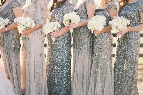 Glitter Bridesmaid Dresses, Latest Bridesmaid Dresses, Beaded Bridesmaid Dress, Silver Bridesmaid Dresses, Silver Bridesmaid, Sequin Bridesmaid, Bridesmaid Inspiration, Sequin Bridesmaid Dresses, Mismatched Bridesmaid Dresses