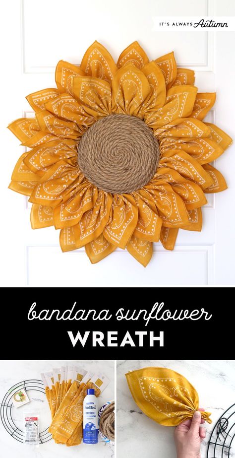 Sunflower Wreath Diy, Bandana Wreath, Sunflower Crafts, Easy Diy Wreaths, Adornos Halloween, Furniture Small Spaces, Sunflower Wreath, Fall Crafts Diy, The Sunflower