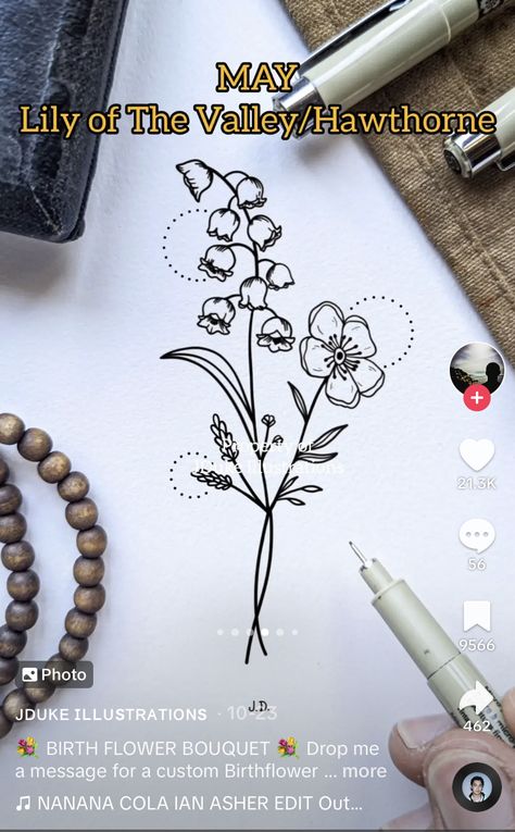 Lily Of The Valley And Hawthorn, Mixed Flowers Tattoo, Hawthorne Tattoo Flowers, Hawthorn And Lily Of The Valley Tattoo, Hawthorne Flower Drawing, May Birth Flower Tattoo Hawthorn, Hawthorne Tattoo, Madeline Tattoo, Hawthorn Flower Tattoo