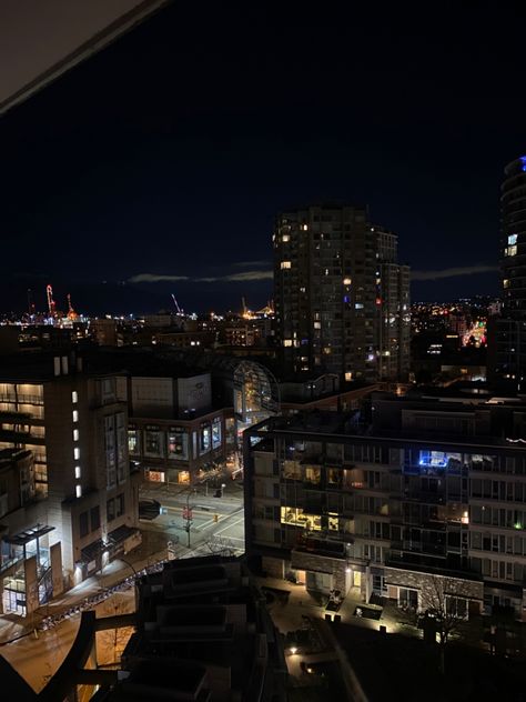 A photo of a balcony of a Vancouver apartment overlooking the night sky Vancouver Canada Aesthetic Night, Vancouver Canada Night, Vancouver Night Aesthetic, Vancouver Aesthetic, Vancouver Nightlife, Vancouver Night, Canada Summer, Vancouver City, Mood Aesthetic