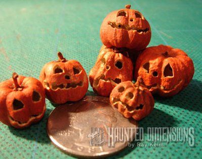 Putka Pod Jack O' Lanterns (These are not pumpkins, but dried seed pods!) ((these are awesome!!)) Pumpkin Diaromas, Miniature Pumpkin Patch, Pumpkin Miniature House, Gothic Images, Haunted Halloween, Halloween Miniatures, Spooktacular Halloween, Glitter Houses, Small Pumpkins