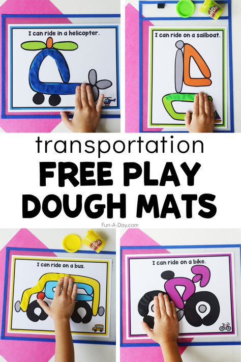 11 free printable transportation playdough mats perfect for your next kindergarten, pre-k, or preschool transportation theme. Kids work on fine motor, math, and literacy skills while having fun with play dough. Click on the Fun-A-Day.com link to get your own copy of the mats. Preschool Playdough Mats Free, Transportation Large Group Preschool, Transportation Vehicles Preschool, Transportation Table Top Activities, Pre K Train Activities, Preschool Cars Activities, Science Transportation Activities, Free Transportation Printables Preschool, Transportation Lesson Plans Preschool