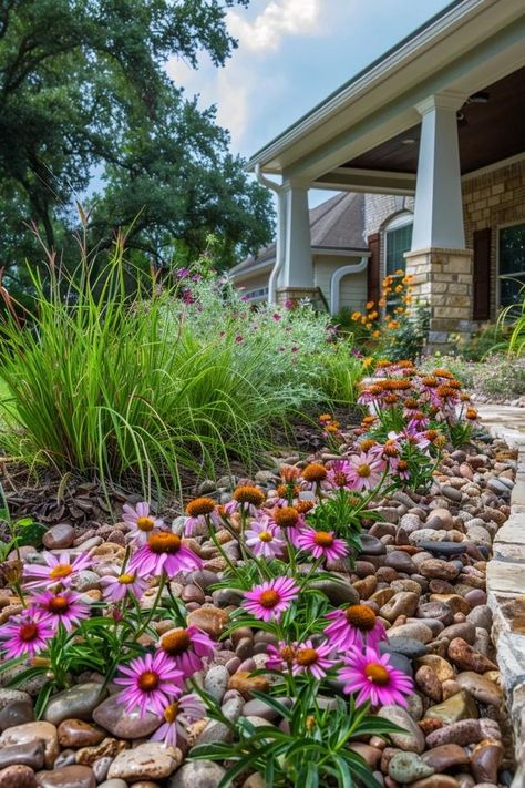 Texas Front Yard Landscaping Ideas with Photos Landscape Texas Front Yard, Texas Native Landscape Design, Flowerbed Ideas Texas, Texas Native Front Yard, Native Texas Plants, Texas Landscaping, River Rock Landscaping, Small Urban Garden, Texas Native Plants