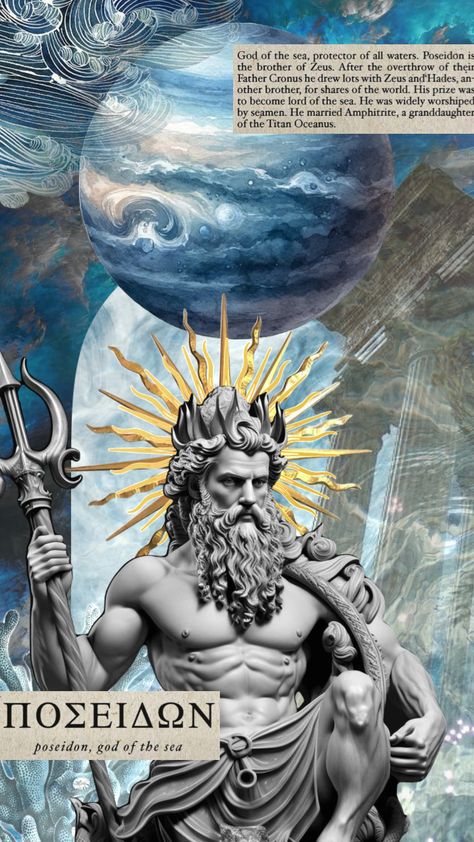 #poseidon #god #greekgod #greekmythology #mythology #sea #ocean #greek Greek God Poseidon Art, Poseidon Greek Mythology, Poseidon God, Zeus Greek, Percy Jackson Wallpaper, Athena Goddess, Theatre Costumes, Greek Myths, Sea Ocean