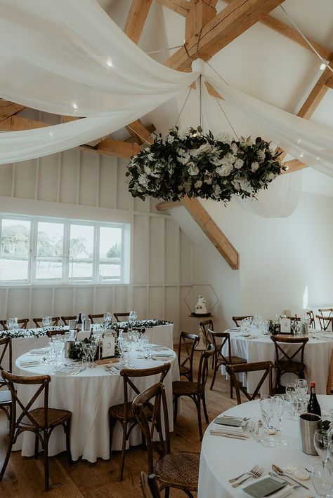 Hyde House, Breakfast Inspiration, Festoon Lights, Cotswolds Wedding, Crossback Chairs, Floral Chandelier, Linen Drapes, Wedding Barn, Round Tables