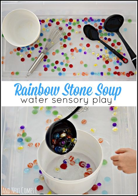 Rainbow stone sensory soup: fine motor water sensory play for toddlers and preschoolers from And Next Comes L Toddler Experiments, Water Sensory Play, Kindergarten Sensory, Sensory Play For Toddlers, Sensory Play Toddlers, Sensory Table Ideas, Sensory Tubs, Sensory Activities For Kids, Preschool Sensory