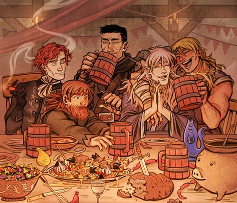 Tavern Drawing Concept Art, Tavern Party Fantasy Art, Dnd Group Art Tavern, Dnd Party Drawing Reference, Dnd Party Illustration, Tavern Pose Reference, Dnd Party Art Tavern, Dnd Adventuring Party, Dnd Group Pose