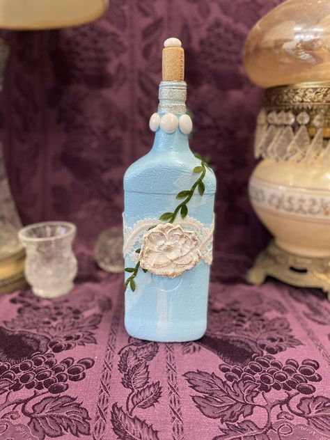 Decorative Bottle Stained Glass Hand Painted Upcycled Blue White Flowers Lace https://www.stylin-spirit.com/products/stained-glass-hand-painted-blue-white Stylin Spirit #Bestseller Stained Glass Bottle, Upcycling Design, Blue White Flowers, Glass Baby Bottles, Glass Bottles Decoration, Unique Vases, Wine Bottle Decor, Glass Artwork, Diamond Bar