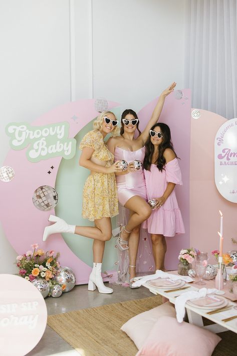 Hens party of your dreams! Funky pastel backdrops adorned with acrylic signage, disco balls and florals. Let us help you with your next event! Hens Party Themes, 30th Birthday Bash, Disco Aesthetic, Funky Wedding, Bachelorette Party Weekend, Pastel Theme, Disco Theme, Acrylic Signage, Hens Party