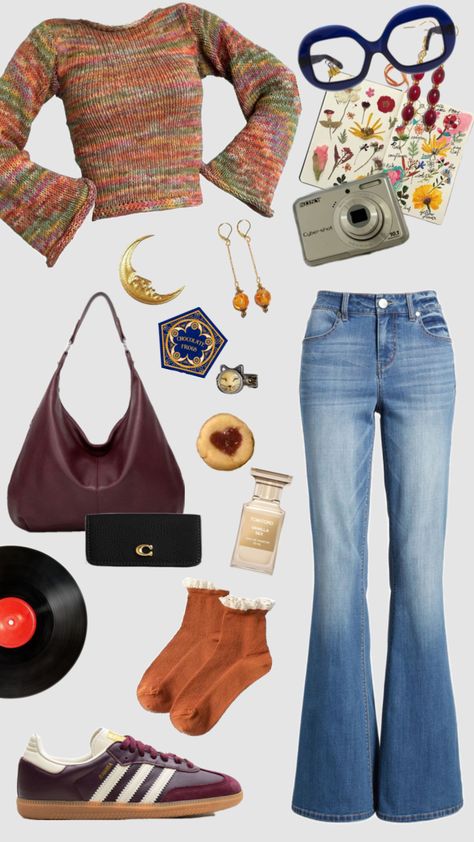 modern ginny outfit #modernhpoutfits #style #cozyfall 70s Aesthetic Modern Outfits, Phoebe Inspired Outfits, Buffy Outfit Inspiration, Phoebe Buffay Outfits Season 1, Simple 70s Outfit, Young Donna Outfits, Donna That 70s Show Outfits, Pheobe Buffay Outfit Style, Modern 70s Outfits